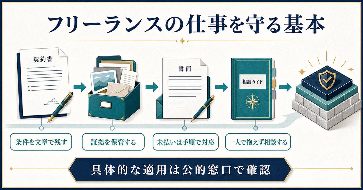 条件の文章化証拠保管未払い対応相談というフリーランスの仕事を守る基本をまとめた図解