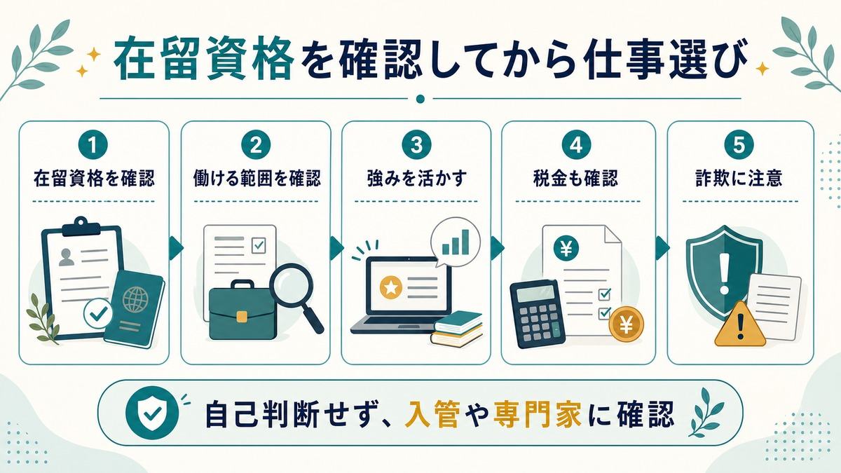 日本在住の外国人の在宅ワーク「在留資格を確認してから仕事選び」として、在留資格を確認、働ける範囲を確認、強みを活かす、税金も確認、詐欺に注意を示す図解