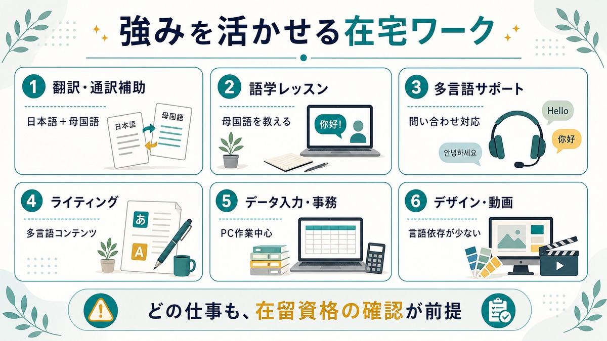 日本在住の外国人の在宅ワーク「強みを活かせる在宅ワーク」として、翻訳・通訳補助、語学レッスン、多言語サポート、ライティング、データ入力、デザインや動画を整理した図解
