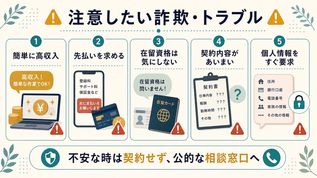 日本在住の外国人の在宅ワーク「注意したい詐欺・トラブル」として、簡単に高収入、先払い、在留資格は気にしない、あいまいな契約、個人情報要求への注意を示す図解