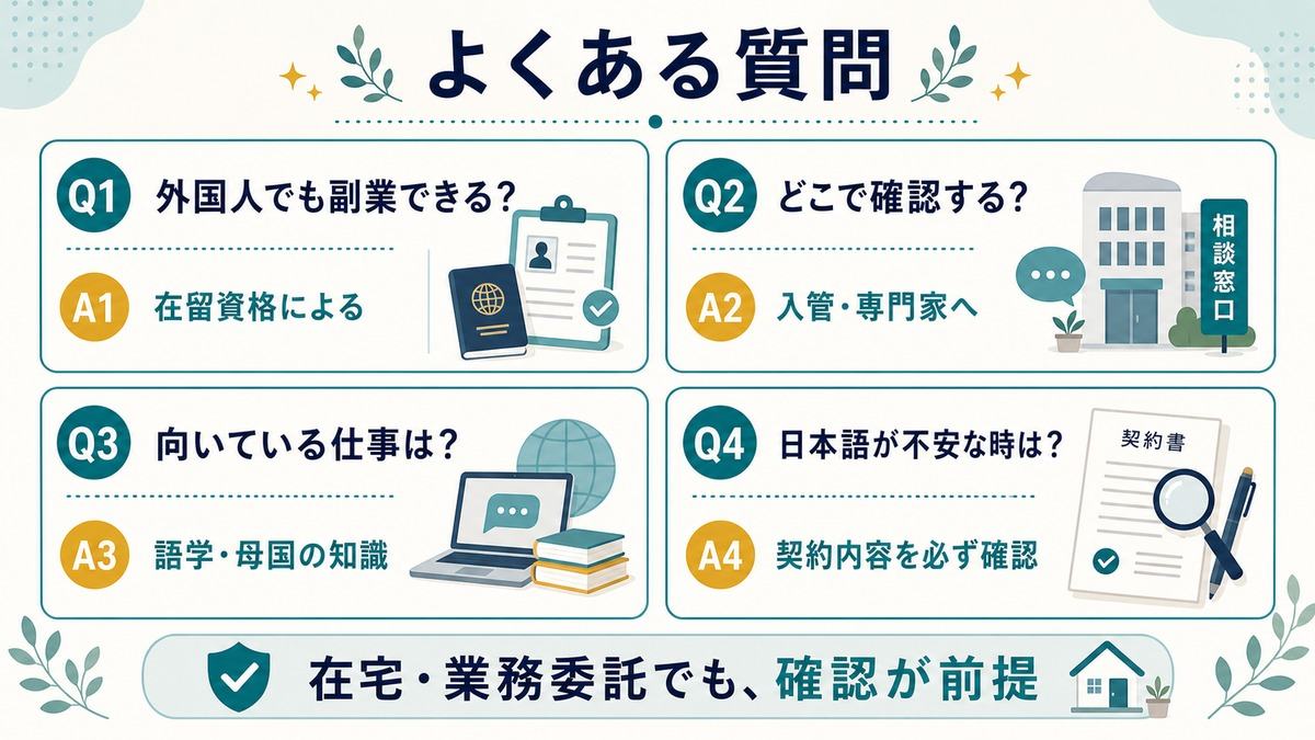 日本在住の外国人の在宅ワーク「よくある質問」として、外国人でも副業できるか、どこで確認するか、向いている仕事、日本語が不安な時の契約確認をまとめたFAQ図解