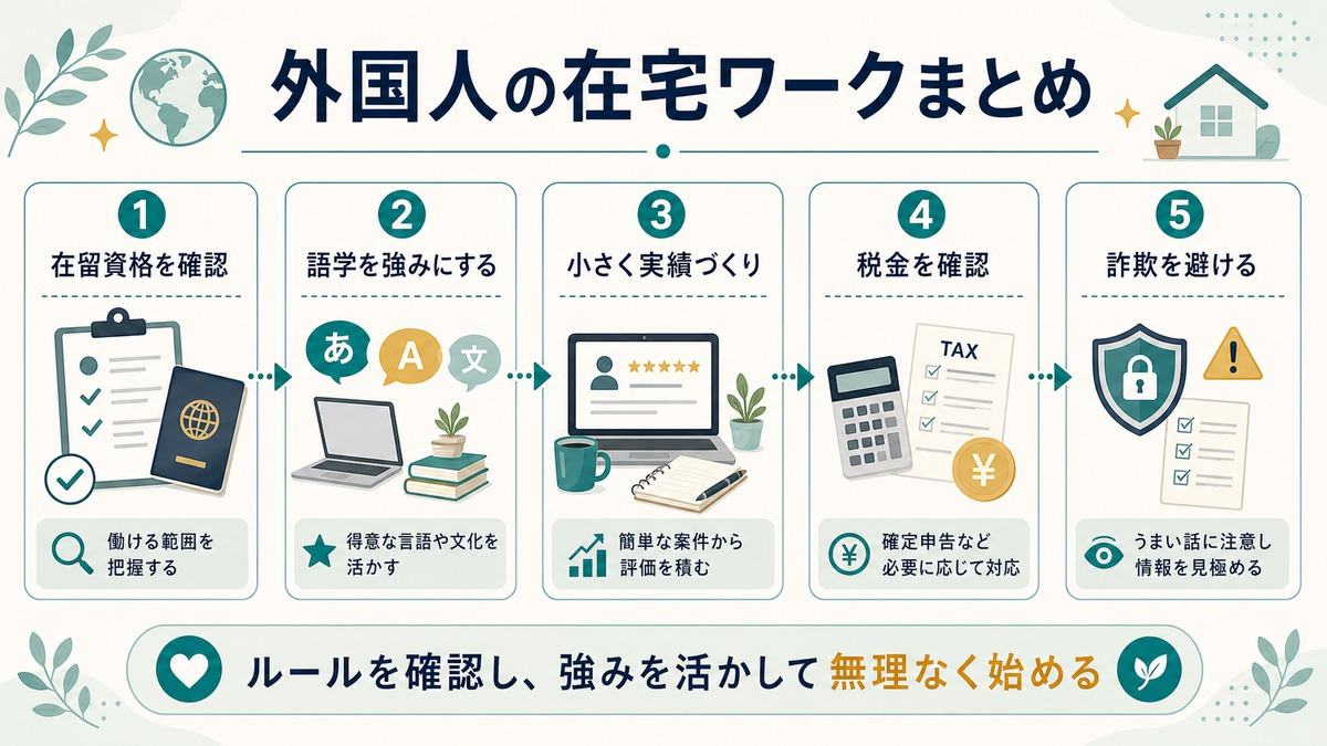 日本在住の外国人の在宅ワーク「外国人の在宅ワークまとめ」として、在留資格確認、語学を強みにする、小さく実績づくり、税金確認、詐欺回避をまとめた図解