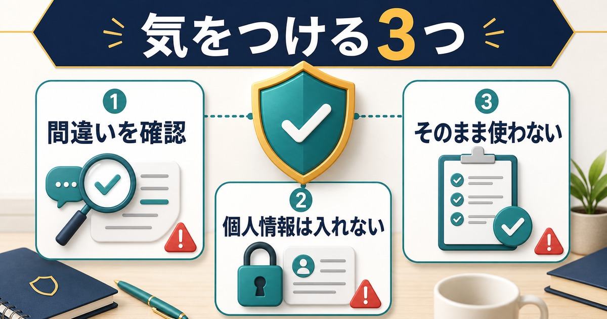 Gemini初心者が間違い確認や個人情報保護や出力確認に注意する図解