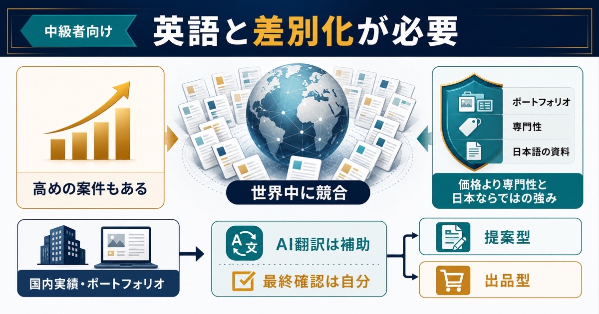 海外クラウドソーシングは高めの案件もある一方で英語と差別化が必要な中級者向けだと示す図解