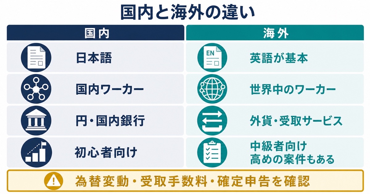 国内と海外のクラウドソーシングを言語競合決済始めやすさ為替手数料で比較した図解