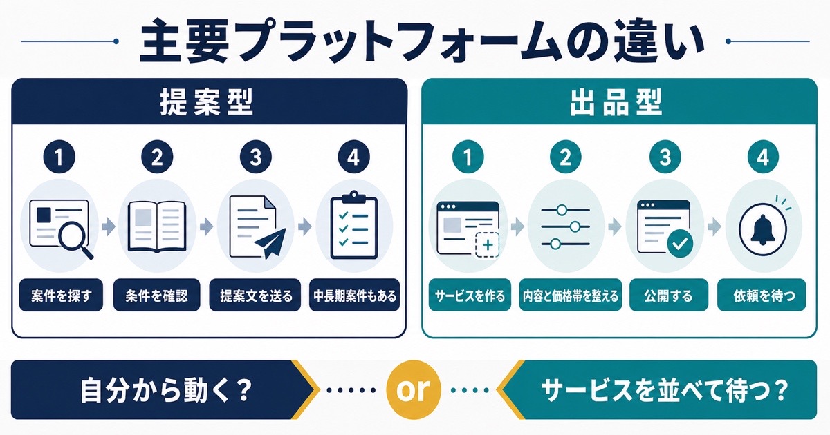 海外クラウドソーシングの提案型と出品型の仕事獲得フローを比較した図解