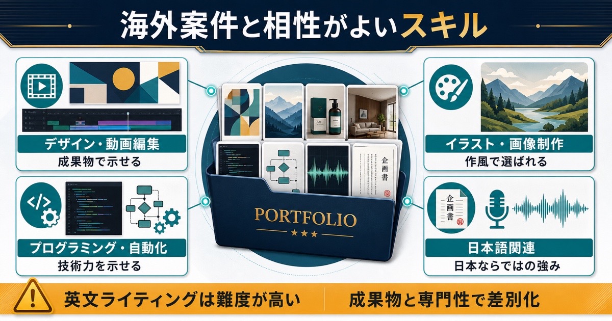 海外案件に向くデザイン動画編集イラストプログラミング日本語関連スキルを整理した図解