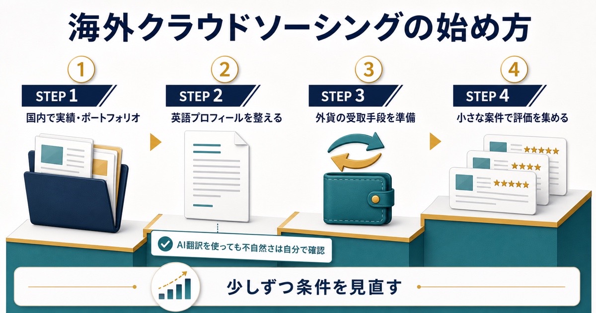 海外クラウドソーシングを国内実績英語プロフィール外貨受取小さな案件で始める4ステップ図解
