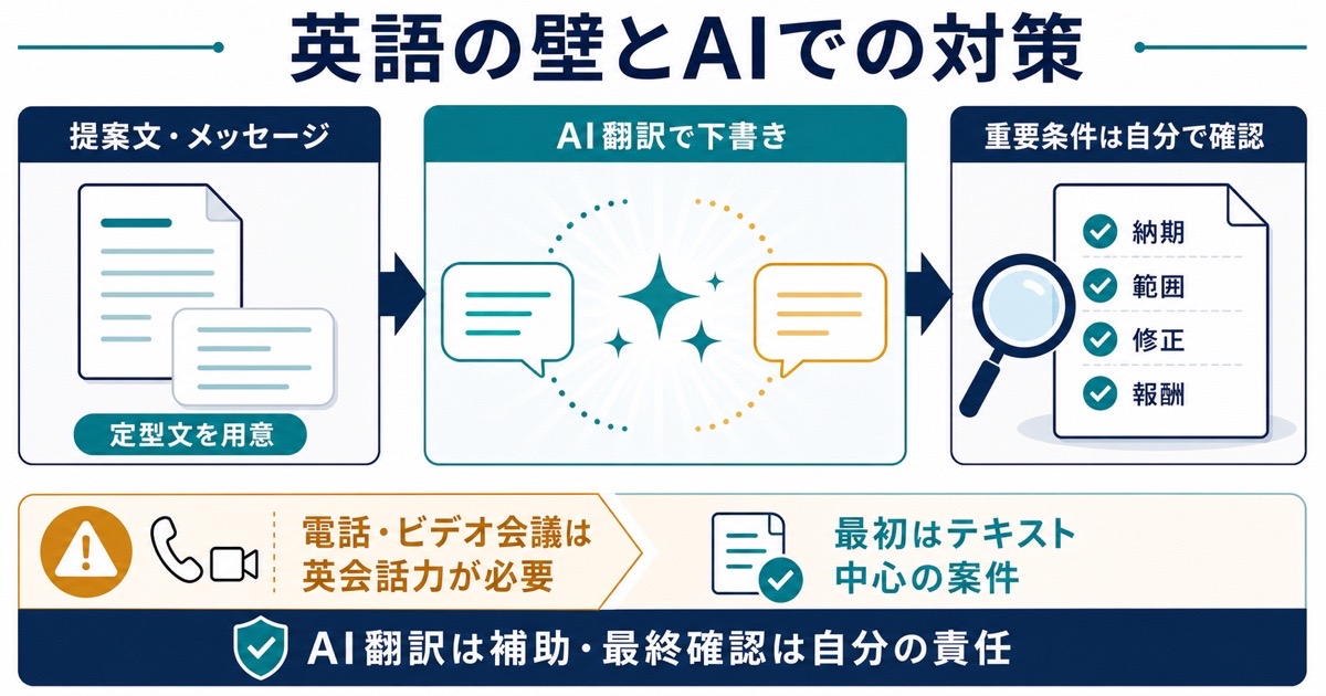 海外案件でAI翻訳を提案文やメッセージの下書きに使い重要条件を自分で確認する図解