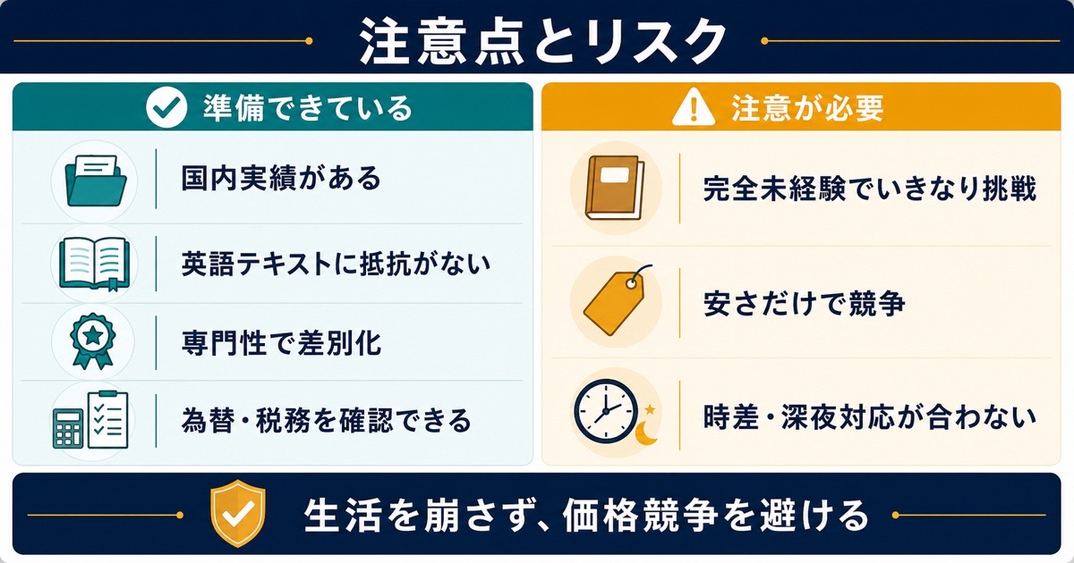 海外クラウドソーシングの実績英語価格競争為替税務時差に関する注意点とリスク図解