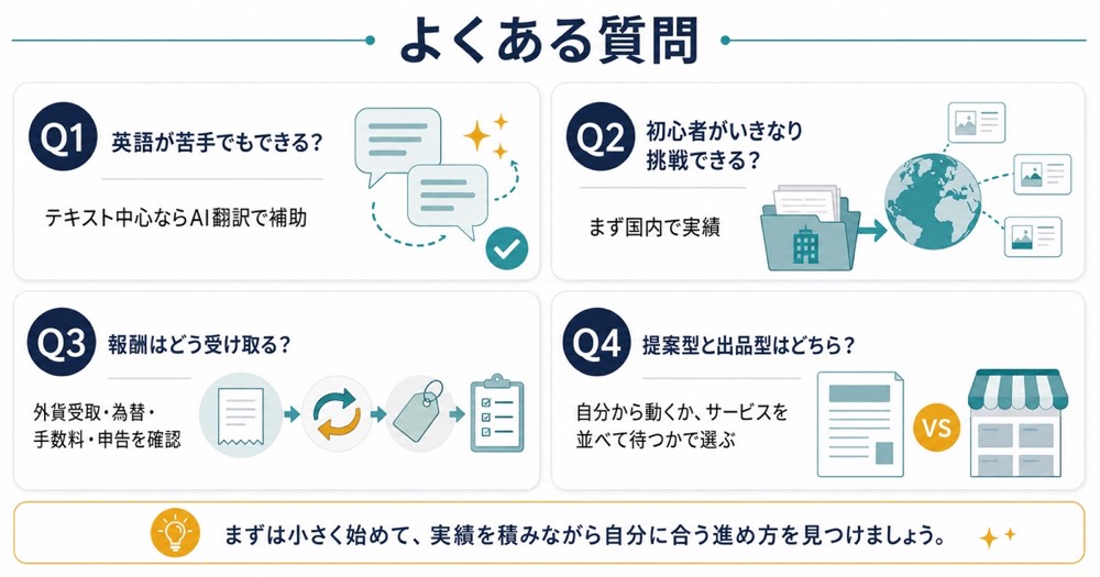 海外クラウドソーシングの英語初心者報酬受取提案型出品型に関するFAQ図解