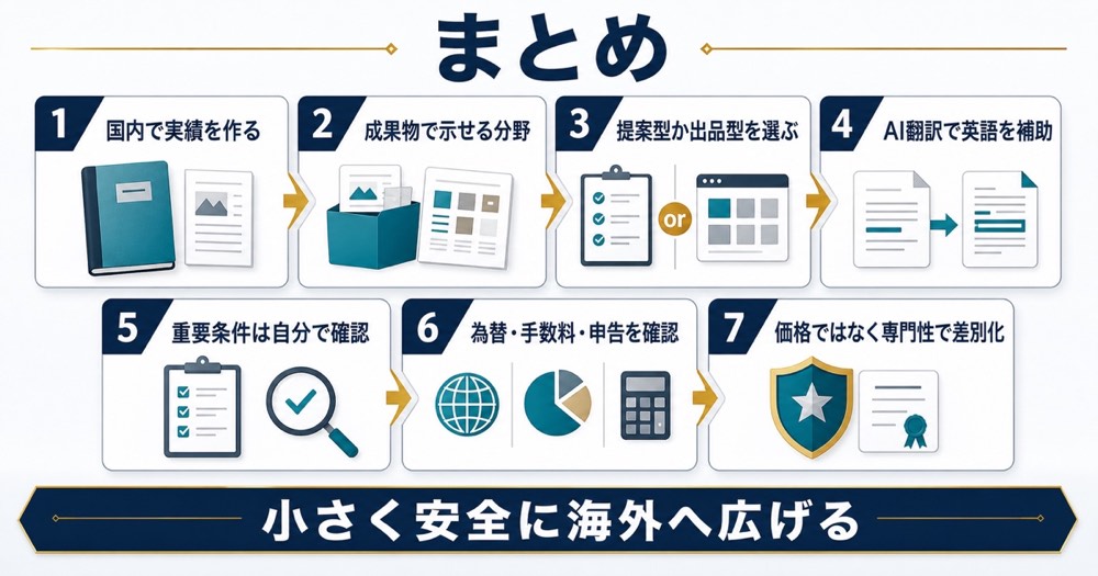 海外クラウドソーシングを国内実績成果物形式選択AI翻訳条件確認為替申告専門性でまとめた図解