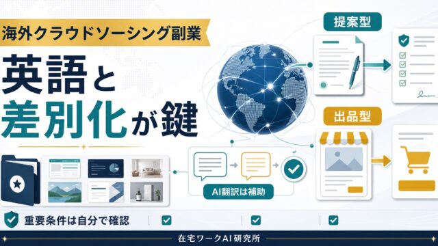 海外クラウドソーシング副業で英語と差別化提案型出品型AI翻訳条件確認を示すアイキャッチ