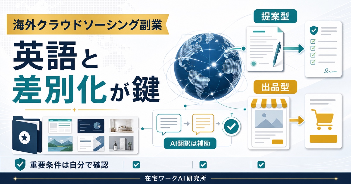 海外クラウドソーシング副業で英語と差別化提案型出品型AI翻訳条件確認を示すアイキャッチ