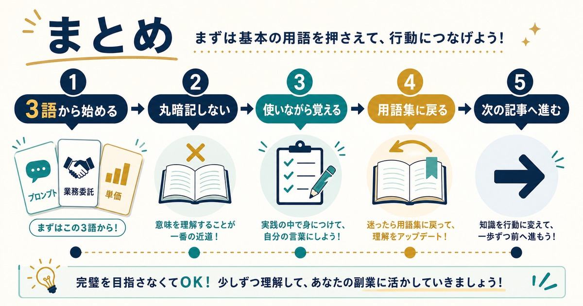 AI副業の基礎用語を3語から始め使いながら覚え用語集に戻る流れのまとめ図