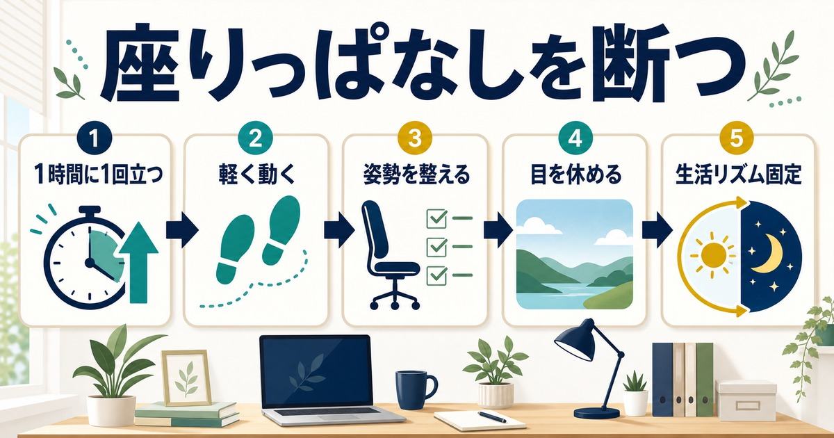 在宅ワークで座りっぱなしを断ち軽く動き姿勢と目と生活リズムを整える図解