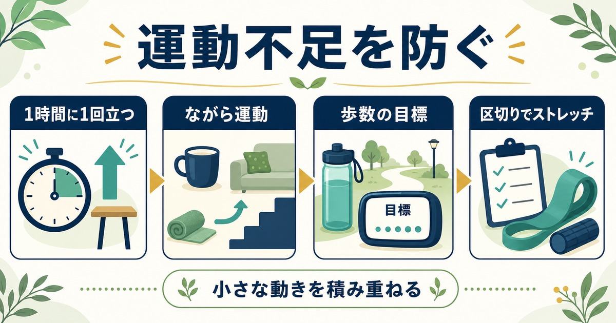 在宅ワークで1時間に1回立ち小さく動き歩数目標やストレッチで運動不足を防ぐ図解