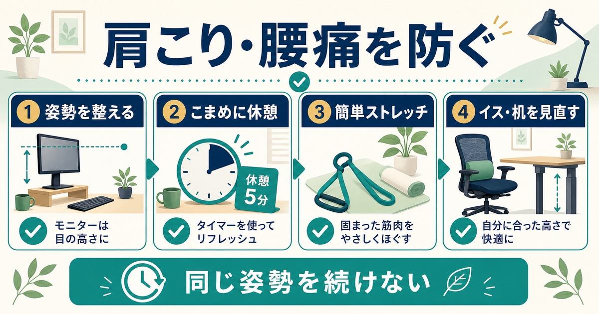 在宅ワークで姿勢を整え休憩し簡単ストレッチとイス机の見直しで肩こり腰痛を防ぐ図解