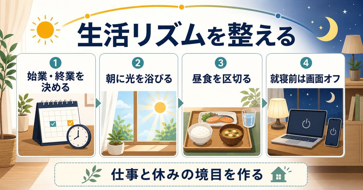 在宅ワークで始業終業や朝の光や昼食や就寝前画面オフで生活リズムを整える図解