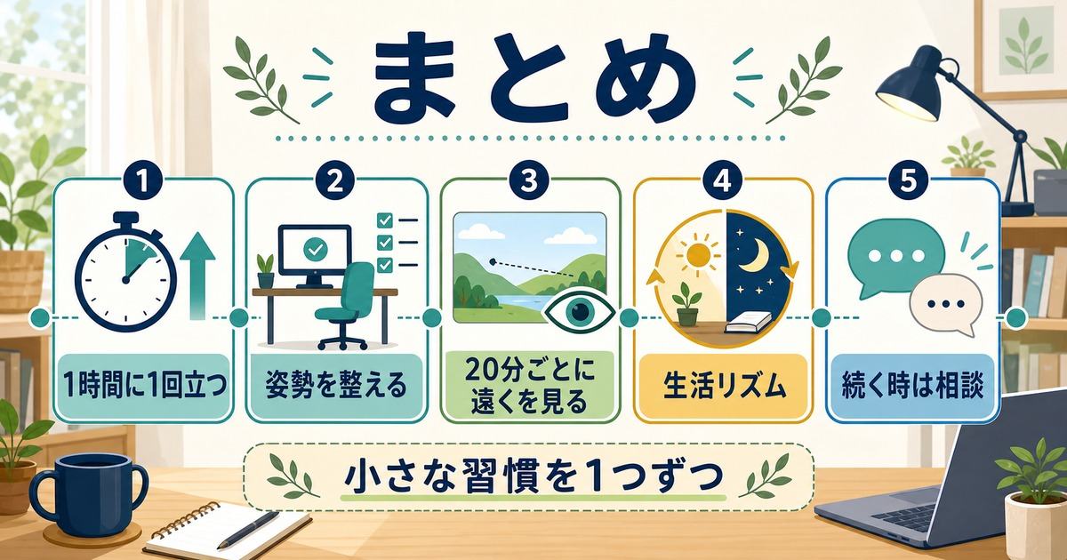 在宅ワークの健康管理を立つ姿勢目の休憩生活リズム相談でまとめた図解