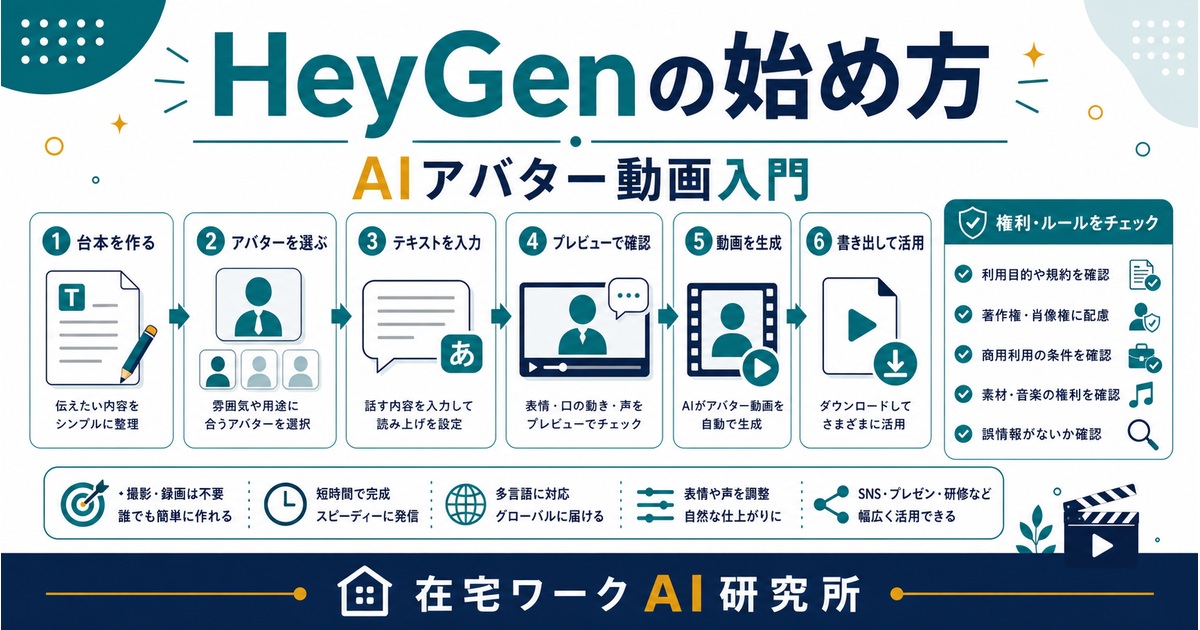 HeyGenの始め方とAIアバター動画入門を示すアイキャッチ画像