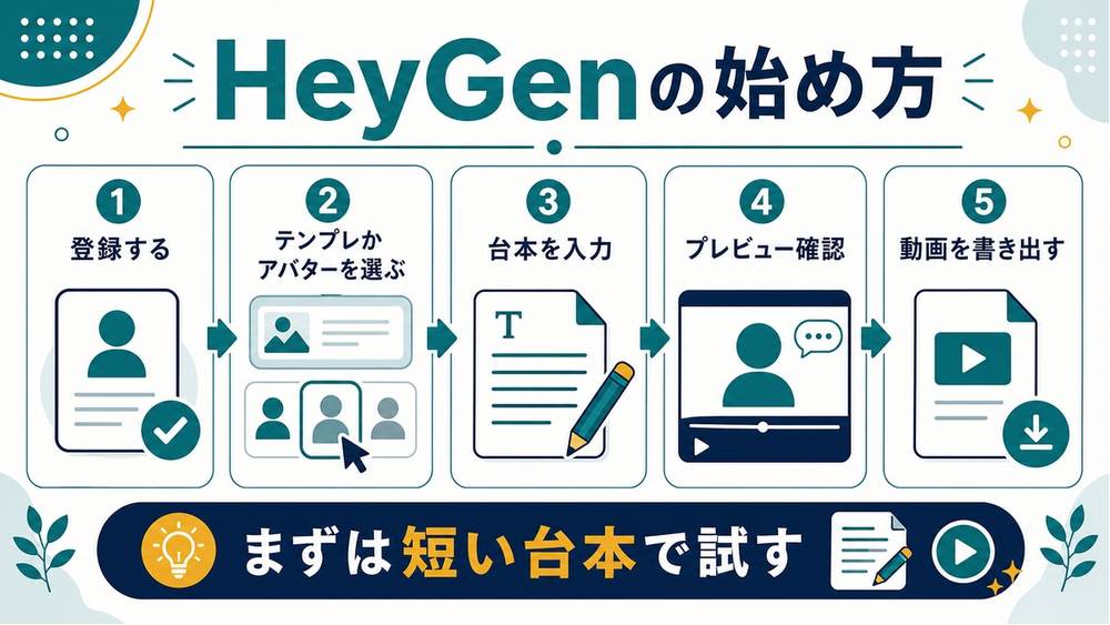 HeyGenの始め方として、登録、テンプレートかアバター選択、台本入力、プレビュー確認、動画書き出しを示す図解