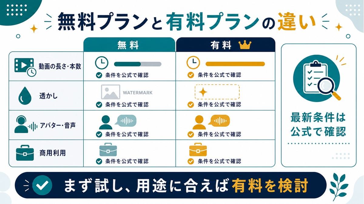 HeyGenの無料プランと有料プランの違いとして、動画の長さと本数、透かし、アバターと音声、商用利用、最新条件は公式確認を示す比較図