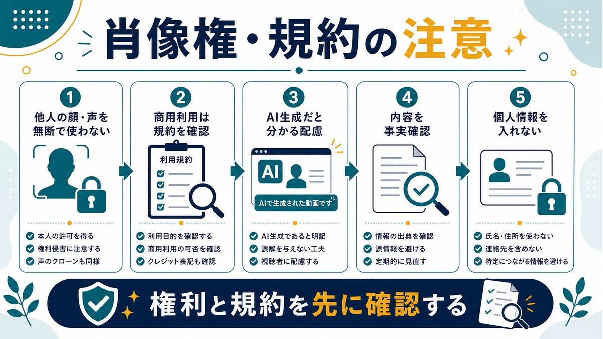 AIアバター動画の注意点として、他人の顔や声の無断使用禁止、商用利用の規約確認、AI生成の配慮、事実確認、個人情報を入れないことを示す図解