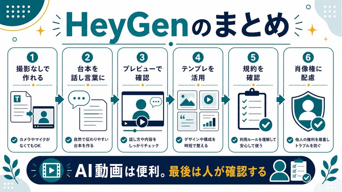 HeyGenのまとめとして、撮影なし、話し言葉の台本、プレビュー、テンプレ活用、規約確認、肖像権配慮を示す図解