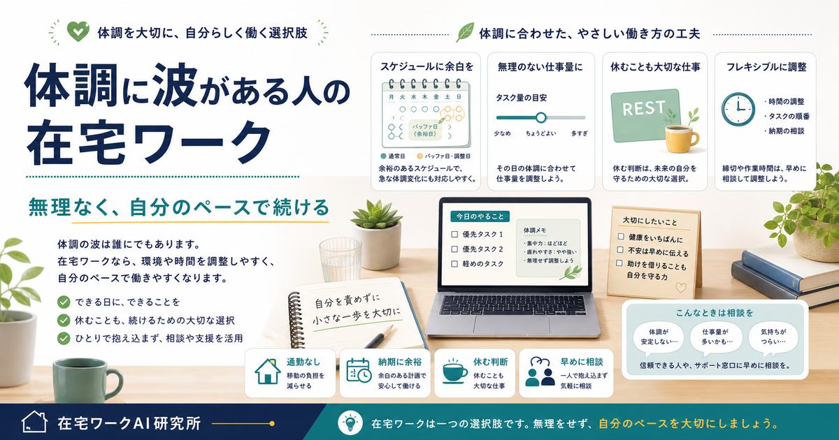 体調に波がある人が在宅ワークを無理なく自分のペースで続ける考え方をまとめた図解