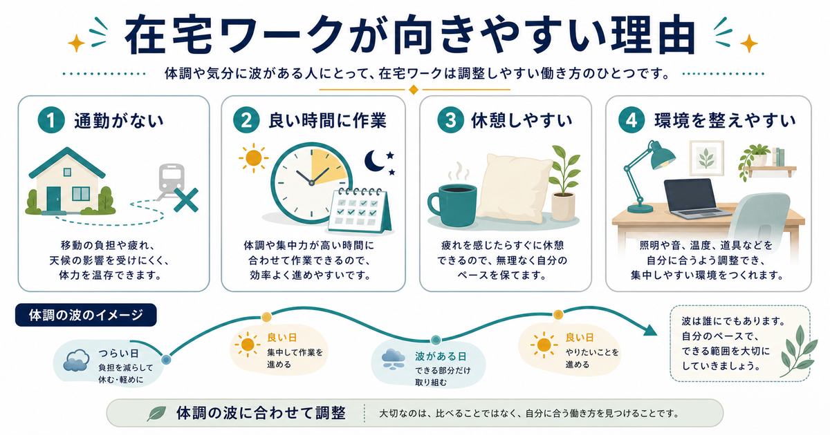 在宅ワークが体調に波がある人に向く理由として通勤がない、良い時間に作業、休憩しやすい、環境を整えやすい点を示す図解