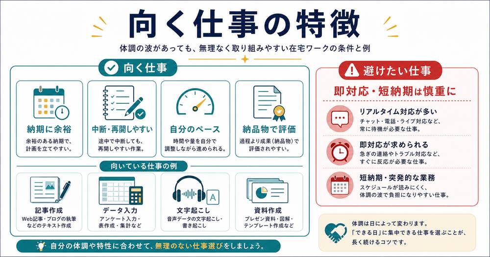 体調に波がある人に向く仕事として納期に余裕、中断再開しやすい、自分のペース、納品物で評価される仕事を整理した図解