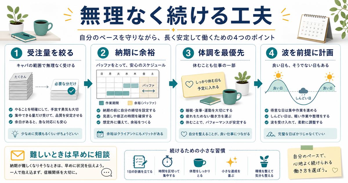 無理なく続ける工夫として受注量を絞る、納期に余裕を持つ、体調を最優先にする、体調の波を前提に計画する流れを示す図解