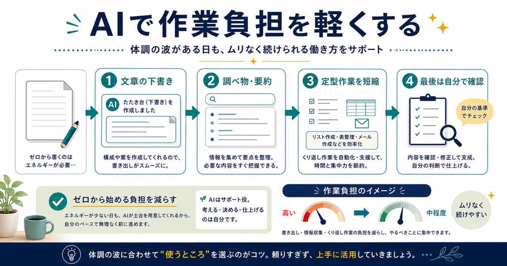 AIで文章の下書き、調べ物と要約、定型作業の短縮を行い、最後は自分で確認して作業負担を軽くする図解