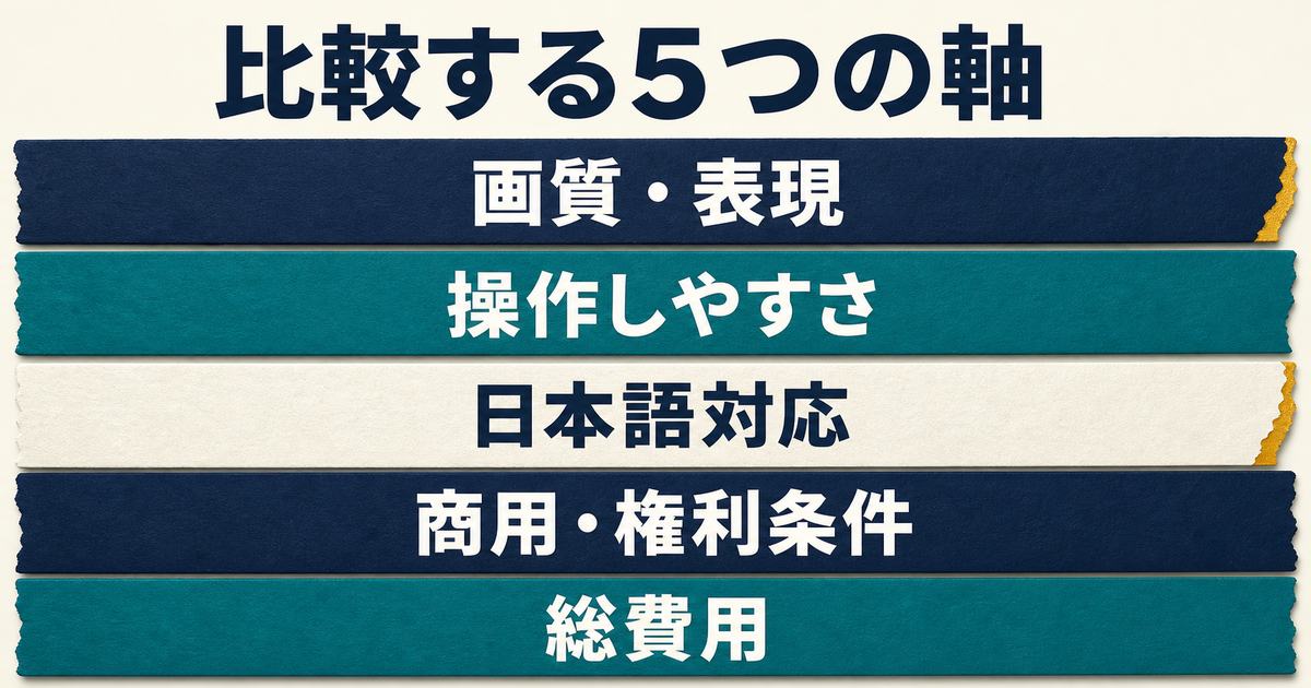 画像生成AIを比較する画質・操作性・日本語・権利・費用の5軸