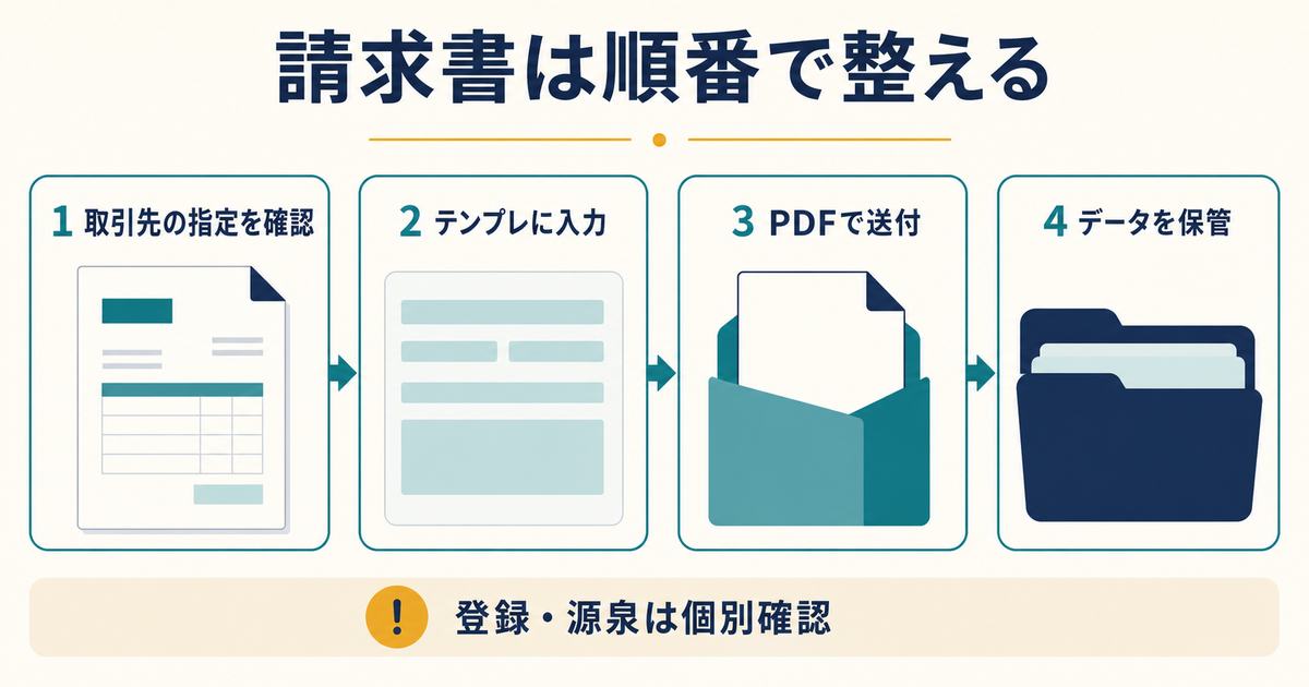 取引先の指定確認からテンプレ入力とPDF送付とデータ保管までを示す請求書作成の図解