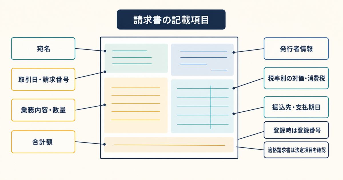 宛名と発行者情報と取引内容と税区分と支払情報を整理した請求書記載項目の図解