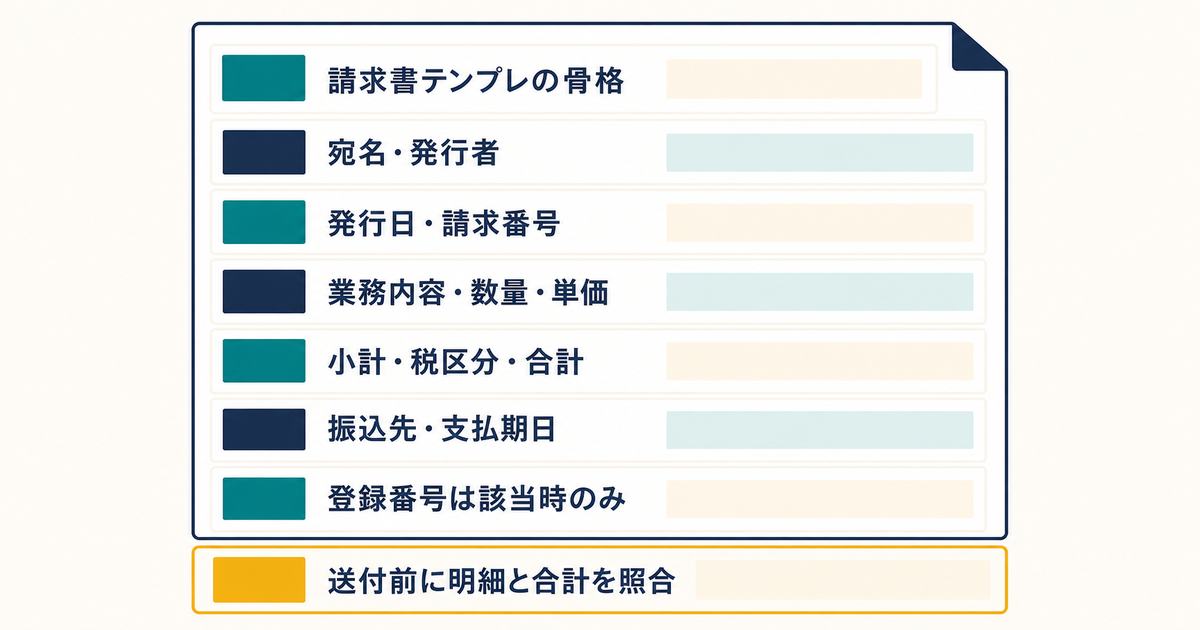 請求書テンプレを宛名から明細と合計と振込先までの構造で示した図解