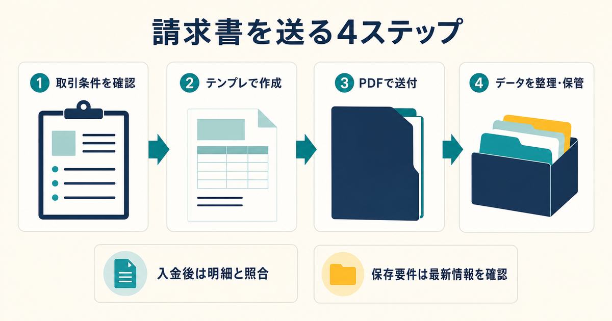 取引条件の確認から請求書作成とPDF送付とデータ保管へ進む4ステップ図解