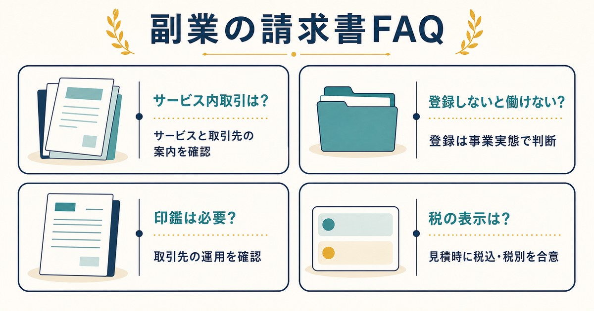 サービス内取引と登録と印鑑と税表示を整理した副業の請求書FAQ図解