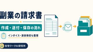 副業の請求書を作成して送付し保存する流れとインボイス源泉徴収を整理した記事のアイキャッチ