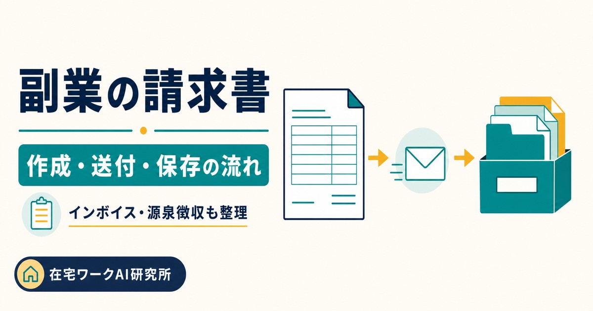 副業の請求書を作成して送付し保存する流れとインボイス源泉徴収を整理した記事のアイキャッチ