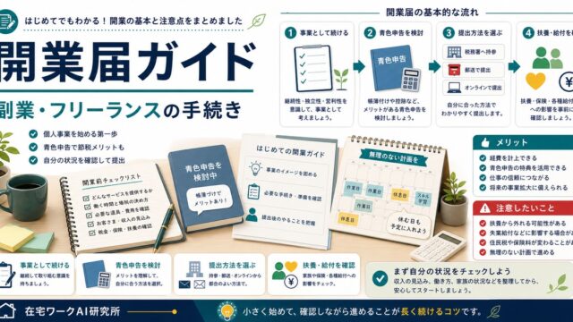 副業やフリーランス向けに開業届と青色申告、提出方法、扶養や給付の確認をまとめた図解