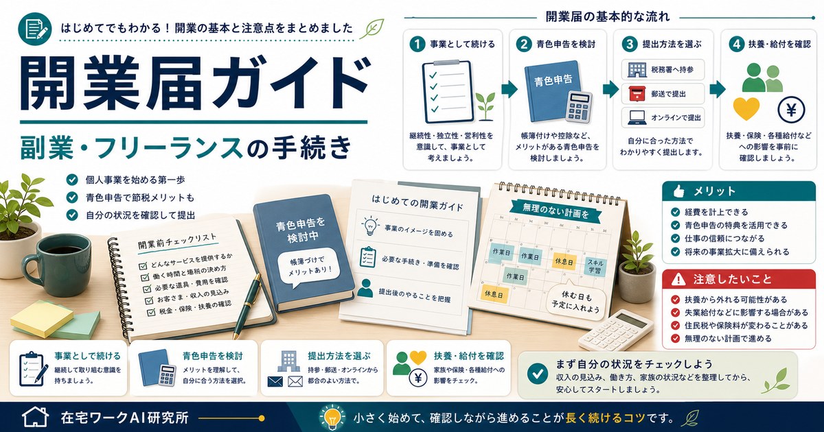 副業やフリーランス向けに開業届と青色申告、提出方法、扶養や給付の確認をまとめた図解