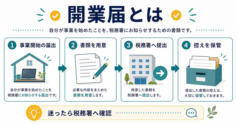 開業届とは個人で事業を始めたことを知らせる届出で、書類を用意し税務署へ提出し控えを保管する流れを示す図解