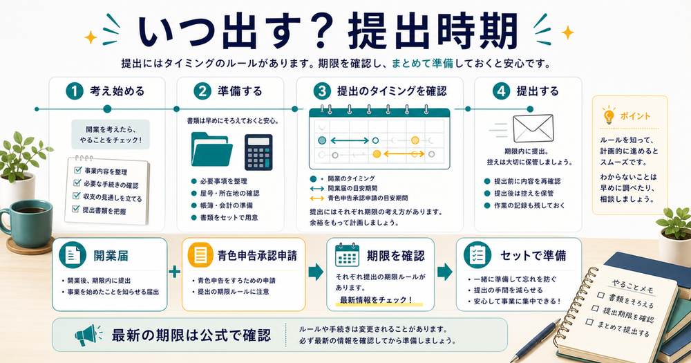 開業届と青色申告承認申請書の提出時期を確認し、期限を公式情報で確認してセットで準備する流れを示す図解