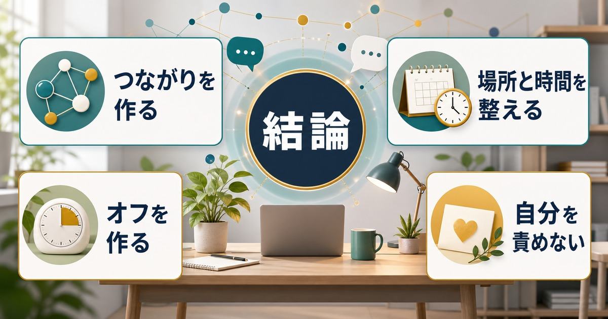 在宅ワークの孤独感と集中の乱れを工夫で和らげる結論の図解