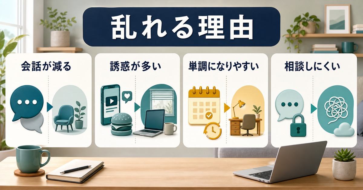 在宅ワークで会話減少や誘惑や単調さや相談しにくさから孤独と集中低下が起きる図解
