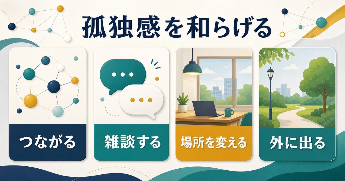 在宅ワークの孤独感をつながりや雑談や場所変更や外出で和らげる図解