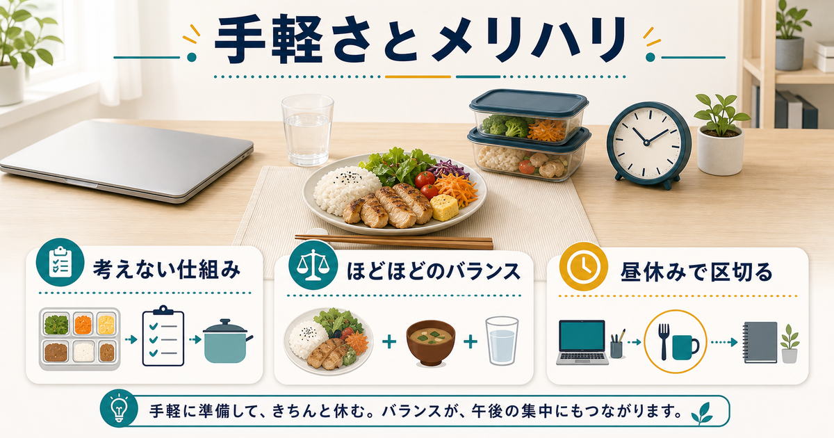 在宅ワークの食事では考えない仕組み、ほどほどのバランス、昼休みで区切ることが大切だと示す図解